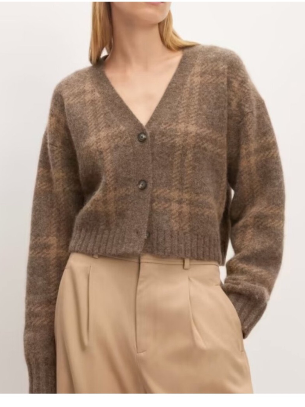 Everlane Brown Plaid Fuzzy V-Neck Cardigan